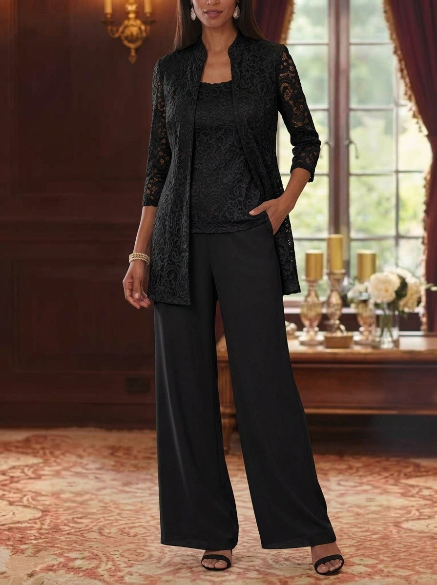 Tailleur 3 Pièces, Col Rond, Mousseline, Costume-Pantalon Mère de la Mariée avec Veste, Manches 3/4, Dentelle, Longueur à la Cheville