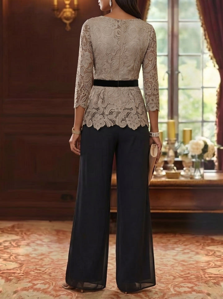 Tailleur 2 Pièces, Col Rond, Mousseline, Costume-Pantalon Mère de la Mariée, Dentelle, Manches 3/4, Longueur à la Cheville, Ceinture