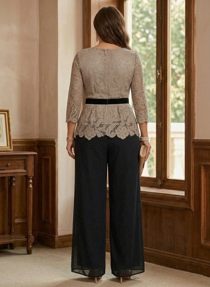 Robe mère de la mariée, Taille Plus, Ensemble Pantalon, Col Rond, Dentelle Mousseline, Manches 3/4, Longueur de la Cheville