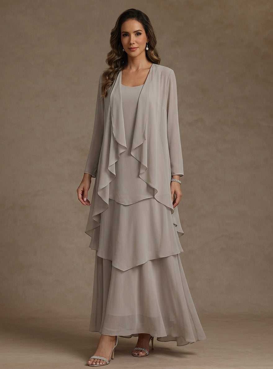 Robe Mère de la Mariée, Forme A/Princesse, Col Rond, Mousseline, avec Veste et Volants, Manches Longues, Longueur à la Cheville