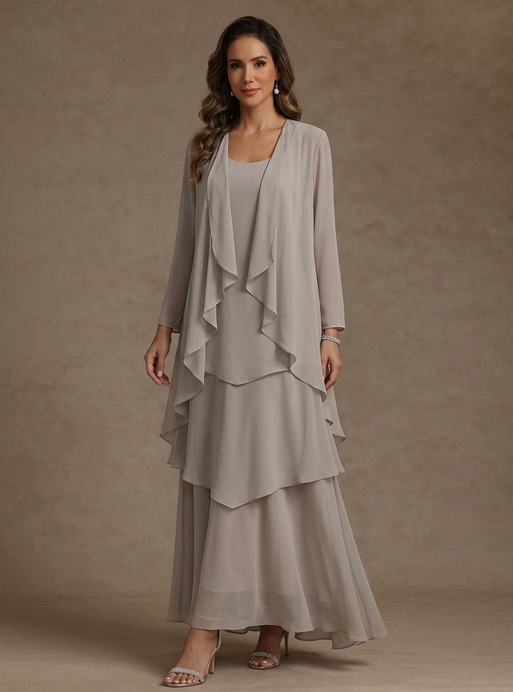 Robe Mère de la Mariée, Forme A/Princesse, Col Rond, Mousseline, avec Veste et Volants, Manches Longues, Longueur à la Cheville