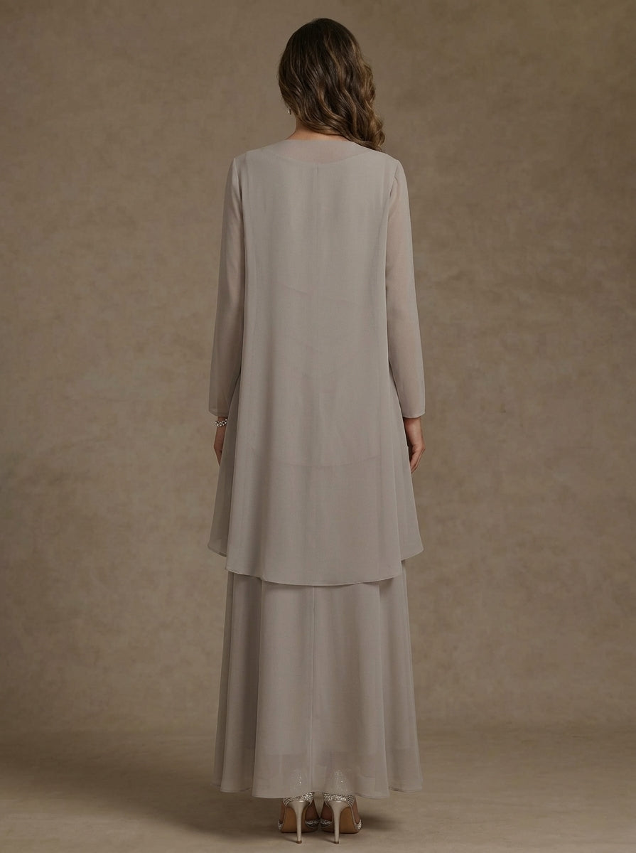 Robe Mère de la Mariée, Forme A/Princesse, Col Rond, Mousseline, avec Veste et Volants, Manches Longues, Longueur à la Cheville