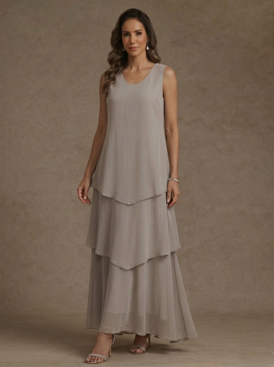 Robe Mère de la Mariée, Forme A/Princesse, Col Rond, Mousseline, avec Veste et Volants, Manches Longues, Longueur à la Cheville