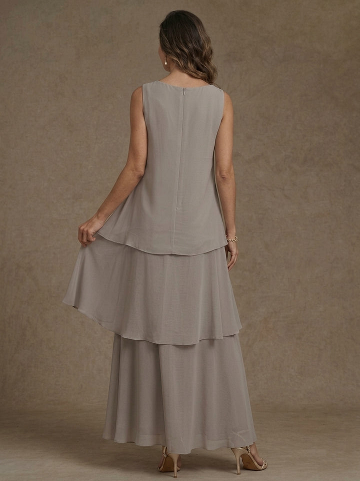 Robe Mère de la Mariée, Forme A/Princesse, Col Rond, Mousseline, avec Veste et Volants, Manches Longues, Longueur à la Cheville