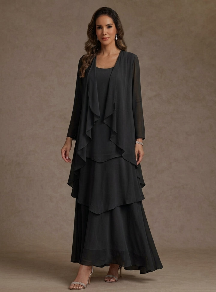 Robe Mère de la Mariée, Forme A/Princesse, Col Rond, Mousseline, avec Veste et Volants, Manches Longues, Longueur à la Cheville