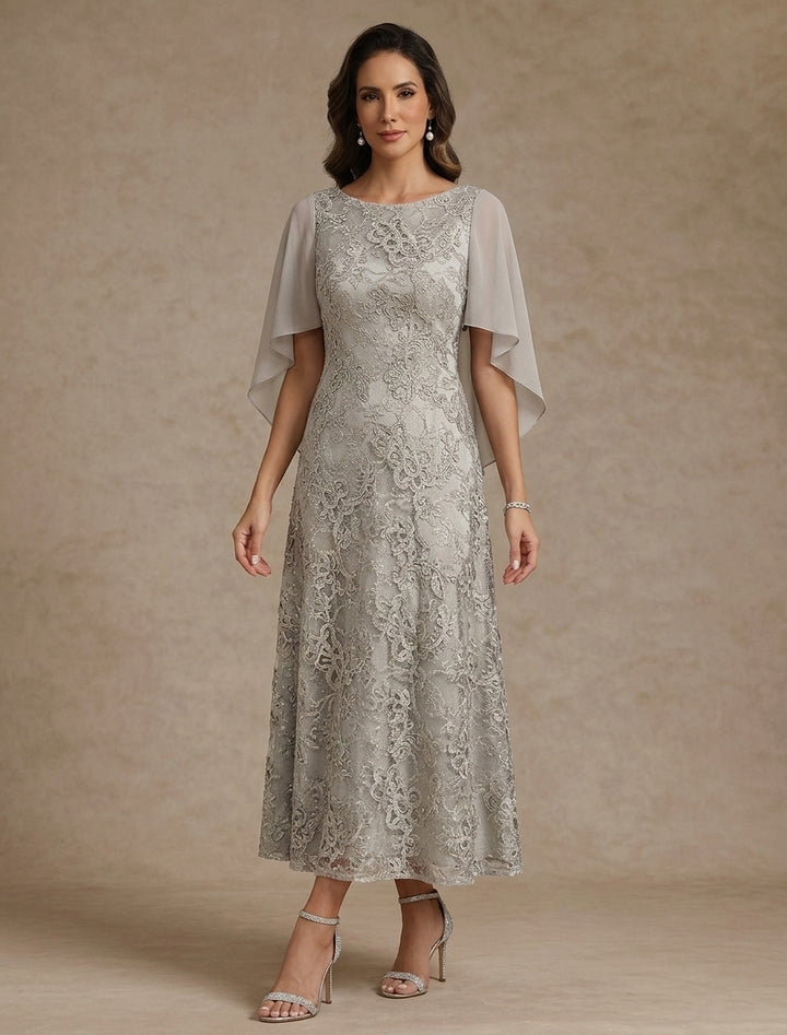 Robe Mère de la Mariée, Forme A/Princesse, Col Rond, Dentelle, Mousseline, Manches Cape, Floral, Longueur du Thé