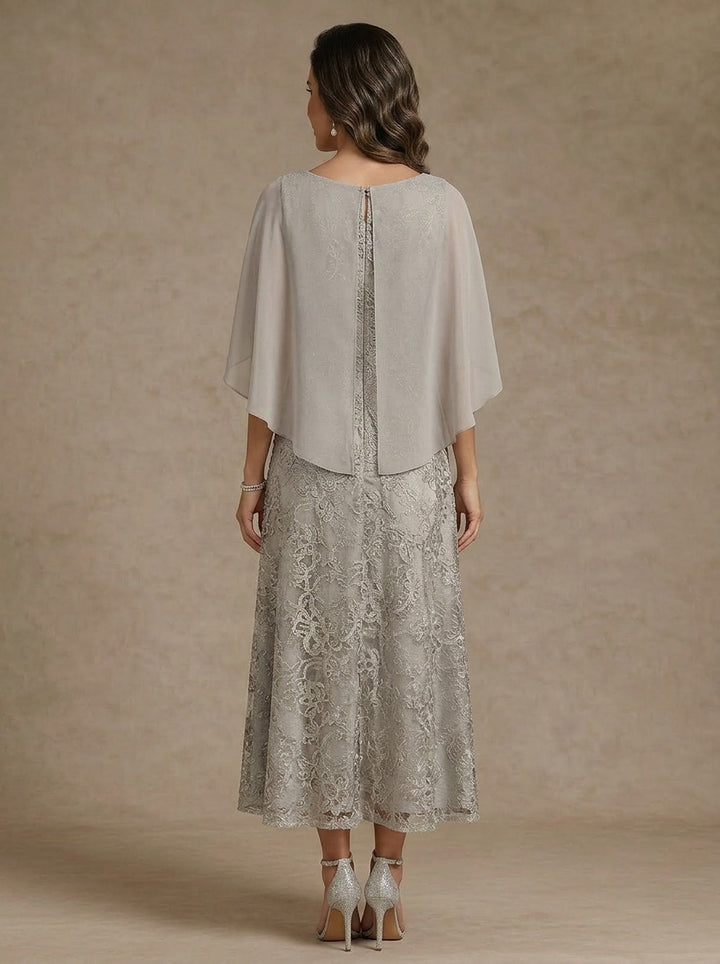 Robe Mère de la Mariée, Forme A/Princesse, Col Rond, Dentelle, Mousseline, Manches Cape, Floral, Longueur du Thé
