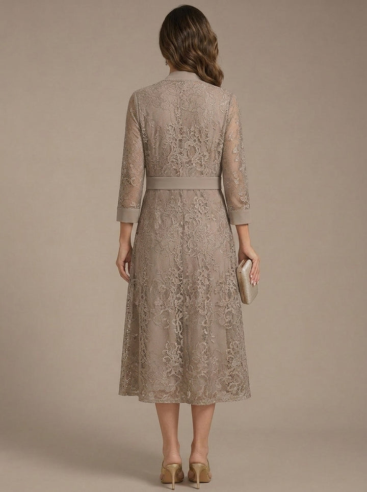 Robe Mère de la Mariée, Forme A/Princesse, Col Rond, Mousseline, avec Veste en Dentelle, Manches 3/4, Longueur du Thé