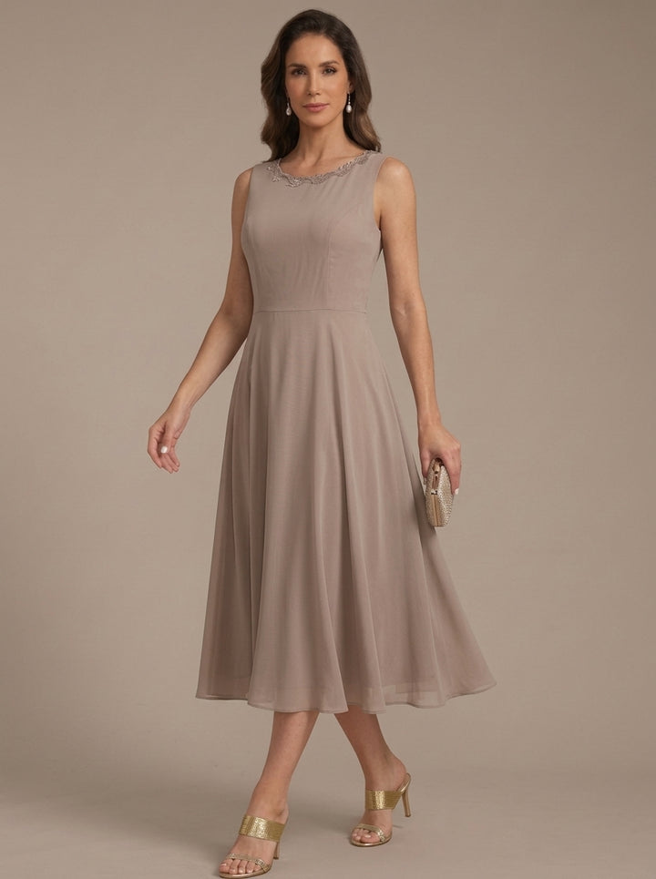 Robe Mère de la Mariée, Forme A/Princesse, Col Rond, Mousseline, avec Veste en Dentelle, Manches 3/4, Longueur du Thé