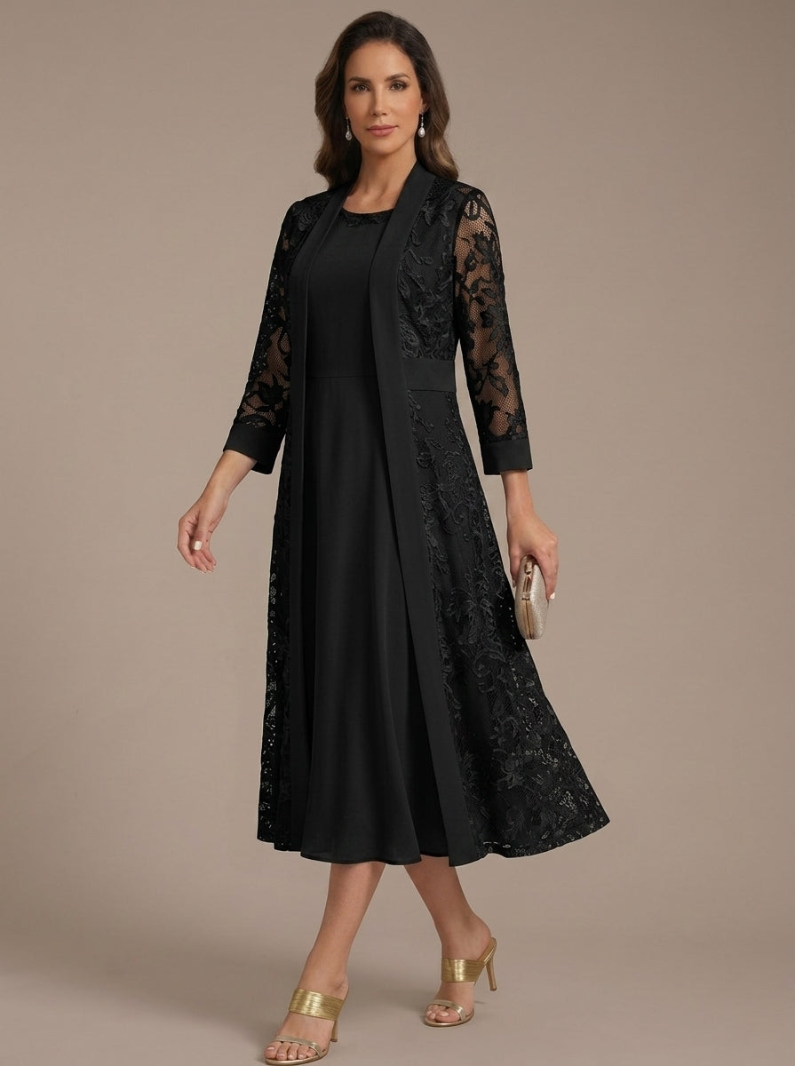 Robe Mère de la Mariée, Forme A/Princesse, Col Rond, Mousseline, avec Veste en Dentelle, Manches 3/4, Longueur du Thé