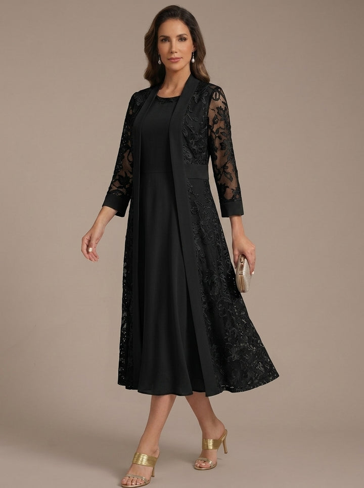 Robe Mère de la Mariée, Forme A/Princesse, Col Rond, Mousseline, avec Veste en Dentelle, Manches 3/4, Longueur du Thé