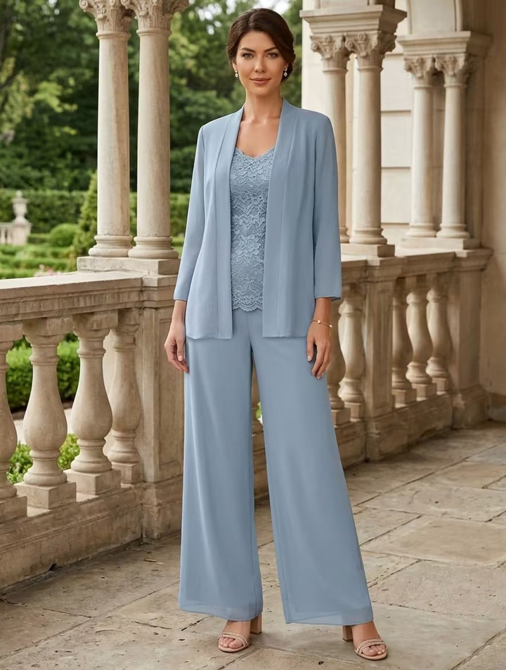 Tailleur 3 Pièces, Col en V, Mousseline, Costume-Pantalon Mère de la Mariée avec Veste, Manches 3/4, Dentelle, Longueur à la Cheville