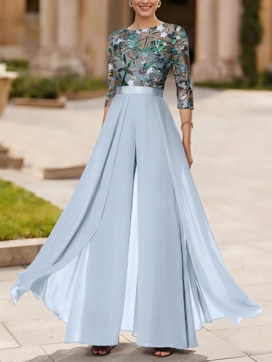Combinaison Mère de la Mariée, Col Rond, Mousseline, avec Surjupe, Manches 3/4, Floral, Paillettes, Longueur au Sol