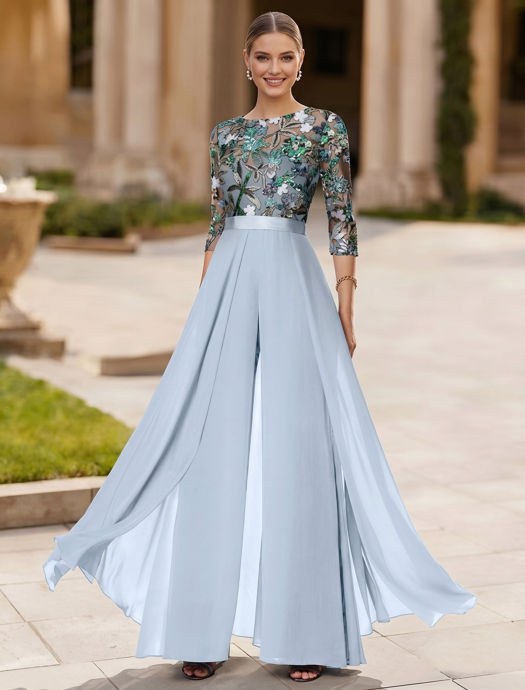 Combinaison Mère de la Mariée, Col Rond, Mousseline, avec Surjupe, Manches 3/4, Floral, Paillettes, Longueur au Sol