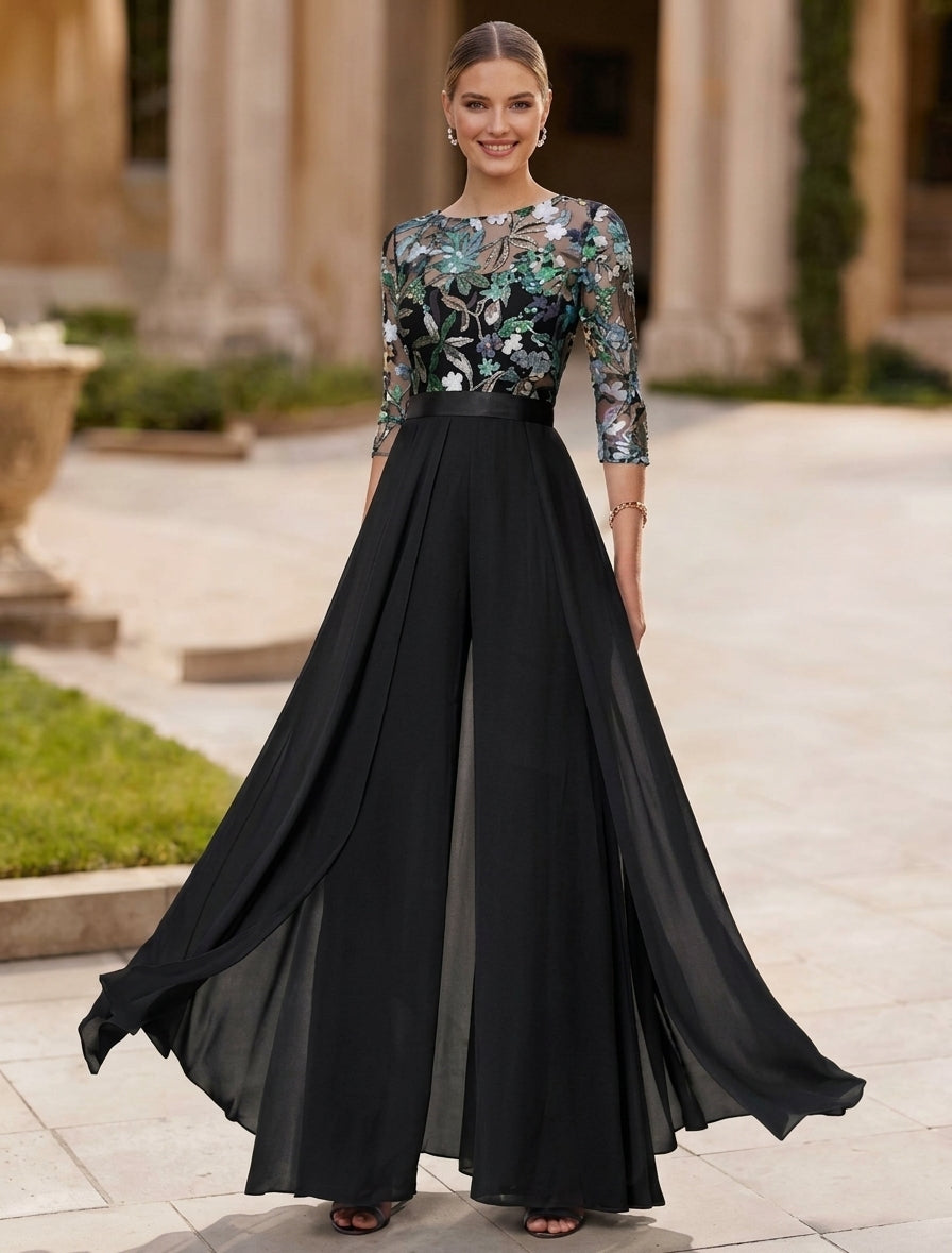 Combinaison Mère de la Mariée, Col Rond, Mousseline, avec Surjupe, Manches 3/4, Floral, Paillettes, Longueur au Sol