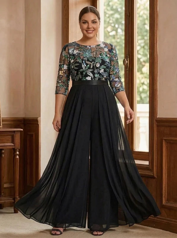Robe Mère de la Mariée, Grande Taille, Combinaison, Col Rond, Manches 3/4, Longueur au Sol, Mousseline, Florale