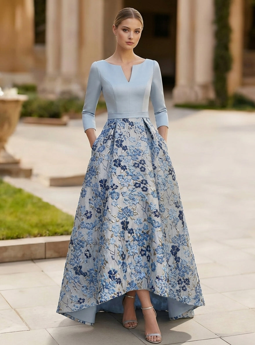 Robe Mère de la Mariée, Forme A/Princesse, Col en V, Satin, Manches 3/4, Floral, Asymétrique, Longueur au Sol