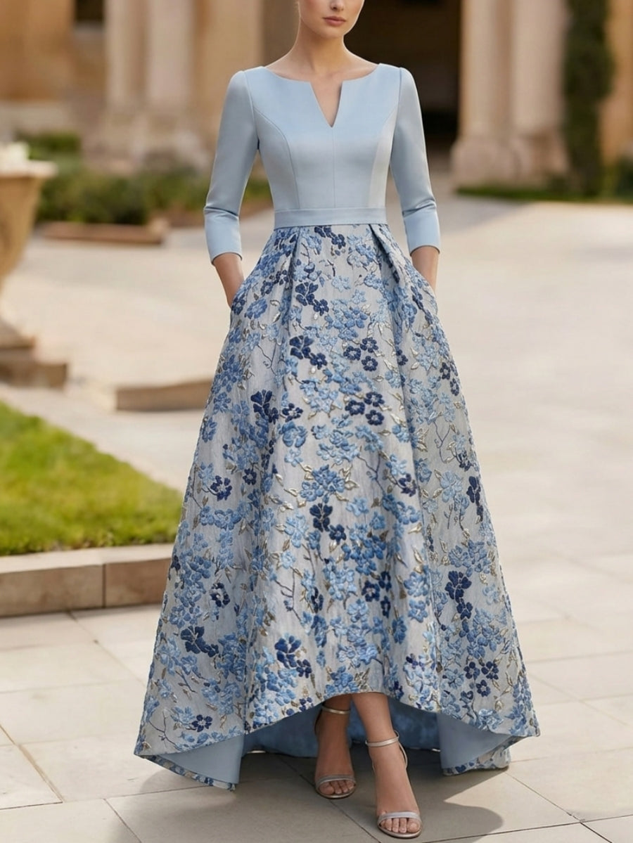 Robe Mère de la Mariée, Forme A/Princesse, Col en V, Satin, Manches 3/4, Floral, Asymétrique, Longueur au Sol