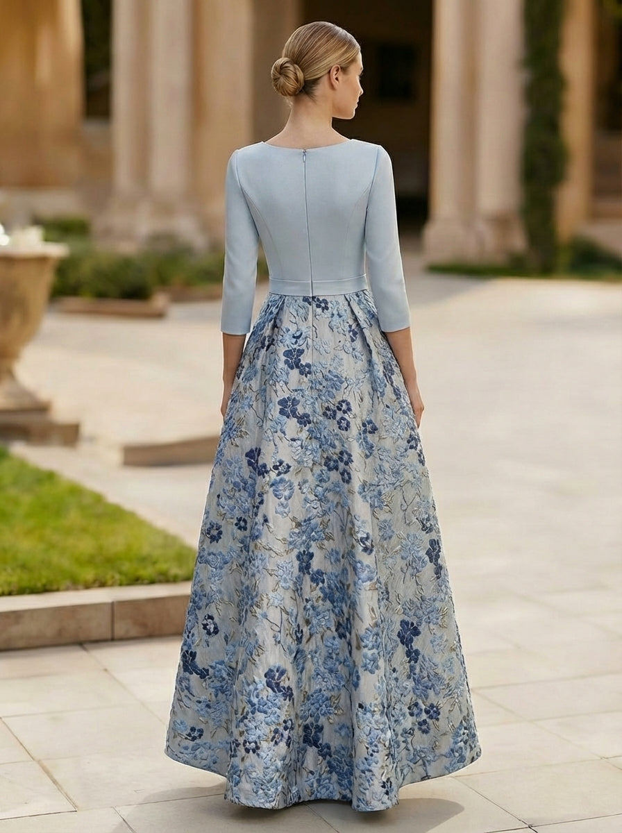 Robe Mère de la Mariée, Forme A/Princesse, Col en V, Satin, Manches 3/4, Floral, Asymétrique, Longueur au Sol