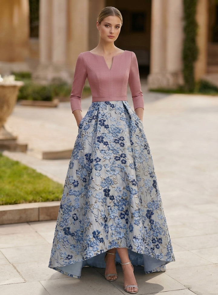 Robe Mère de la Mariée, Forme A/Princesse, Col en V, Satin, Manches 3/4, Floral, Asymétrique, Longueur au Sol