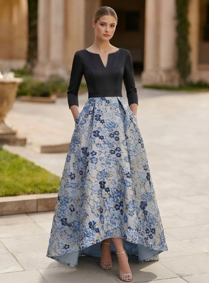 Robe Mère de la Mariée, Forme A/Princesse, Col en V, Satin, Manches 3/4, Floral, Asymétrique, Longueur au Sol