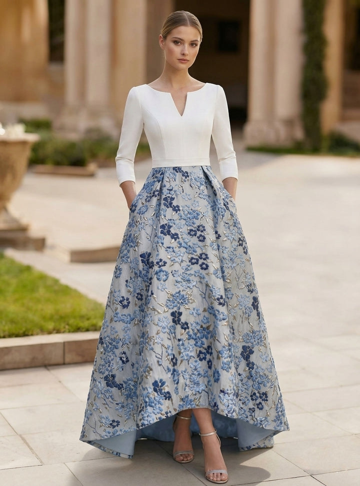 Robe Mère de la Mariée, Forme A/Princesse, Col en V, Satin, Manches 3/4, Floral, Asymétrique, Longueur au Sol