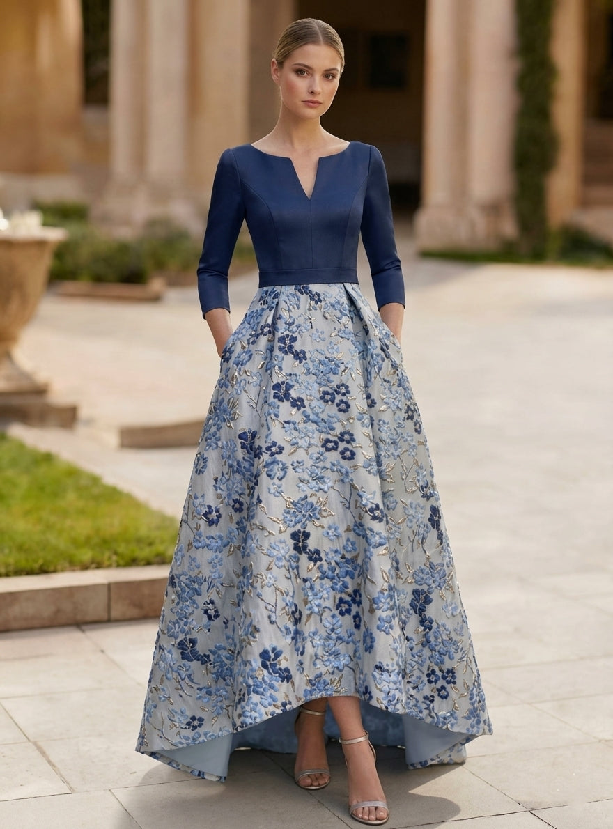 Robe Mère de la Mariée, Forme A/Princesse, Col en V, Satin, Manches 3/4, Floral, Asymétrique, Longueur au Sol