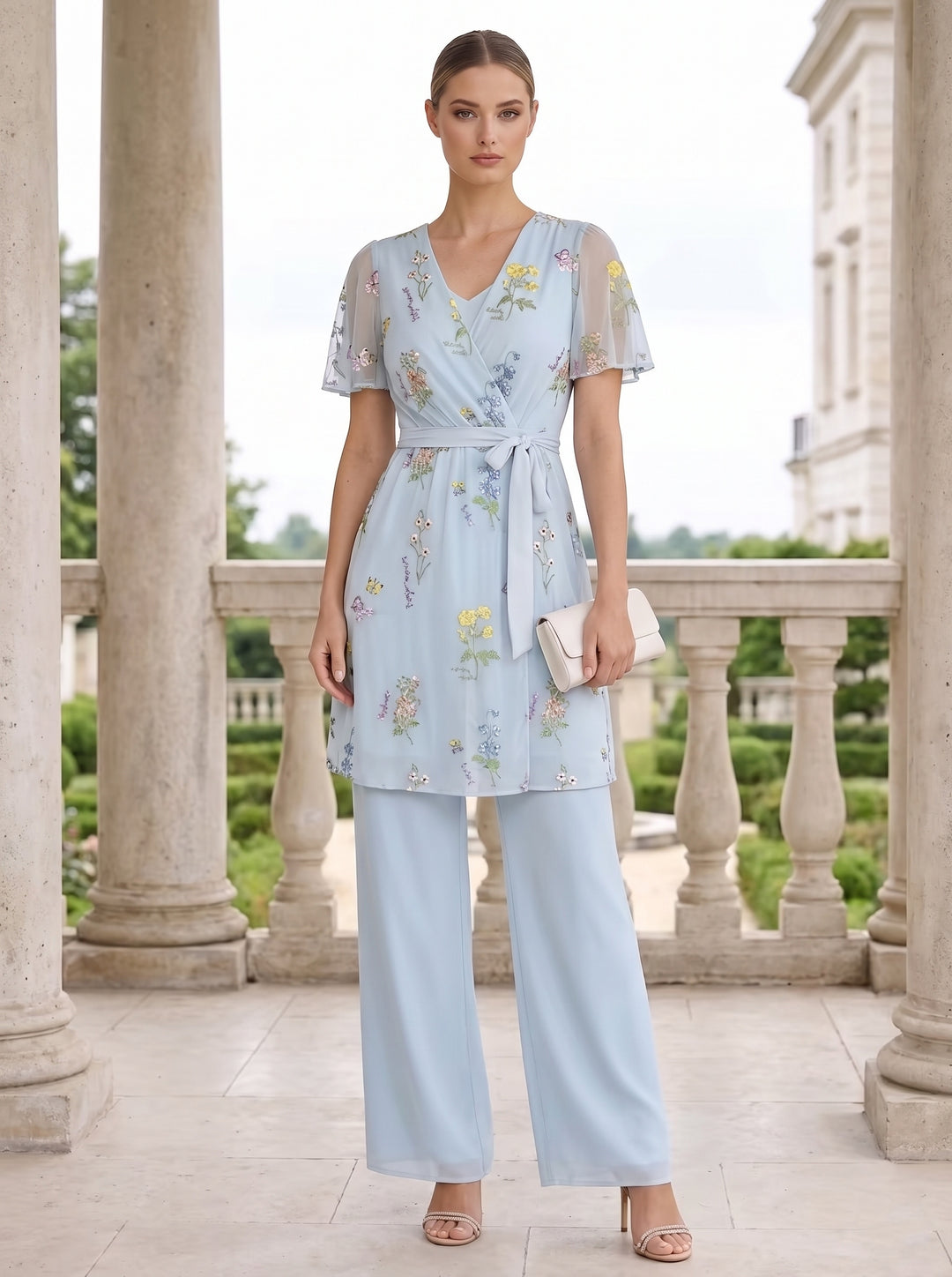 Tailleur 2 Pièces, Col en V, Mousseline, Costume-Pantalon Mère de la Mariée, Manches Courtes, Floral, Longueur à la Cheville