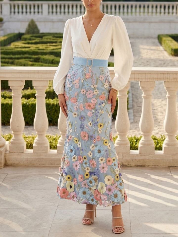 Robe Mère de la Mariée, Forme Trompette/Sirène, Col en V, Taffetas, Manches Longues, Longueur à la Cheville, Ceinture Florale