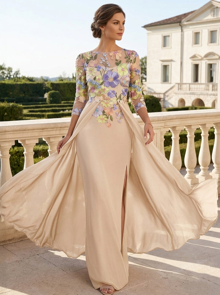 Robe Mère de la Mariée, Forme Droite/Colonne, Col Rond, Mousseline, avec Surjupe, Dentelle, Floral, Manches 3/4, Fente Latérale, Longueur au Sol