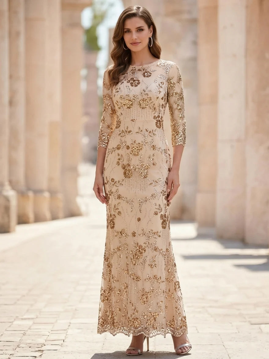 Robe Mère de la Mariée, Forme Droite/Colonne, Col Rond, Paillettes, Dentelle, Manches 3/4, Floral, Longueur à la Cheville