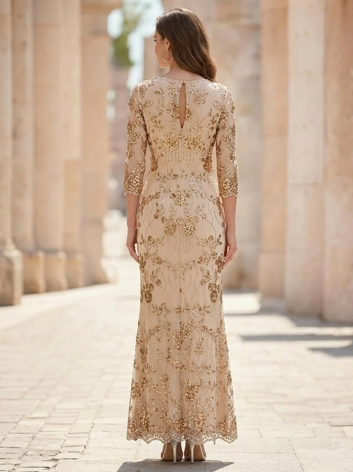 Robe Mère de la Mariée, Forme Droite/Colonne, Col Rond, Paillettes, Dentelle, Manches 3/4, Floral, Longueur à la Cheville