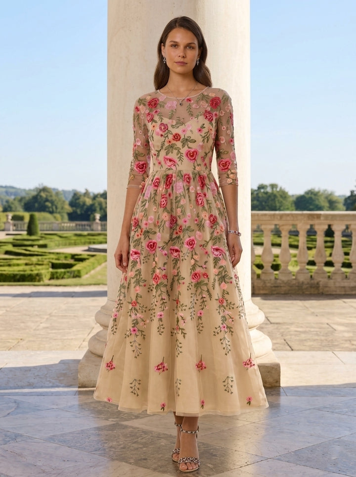 Robe Mère de la Mariée, Forme A-Ligne/Princesse, Col Rond, Dentelle, Broderie, Manches 3/4, Floral, Longueur du Thé