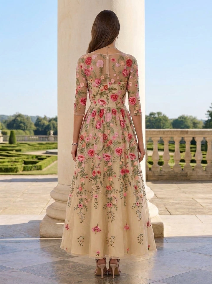 Robe Mère de la Mariée, Forme A-Ligne/Princesse, Col Rond, Dentelle, Broderie, Manches 3/4, Floral, Longueur du Thé