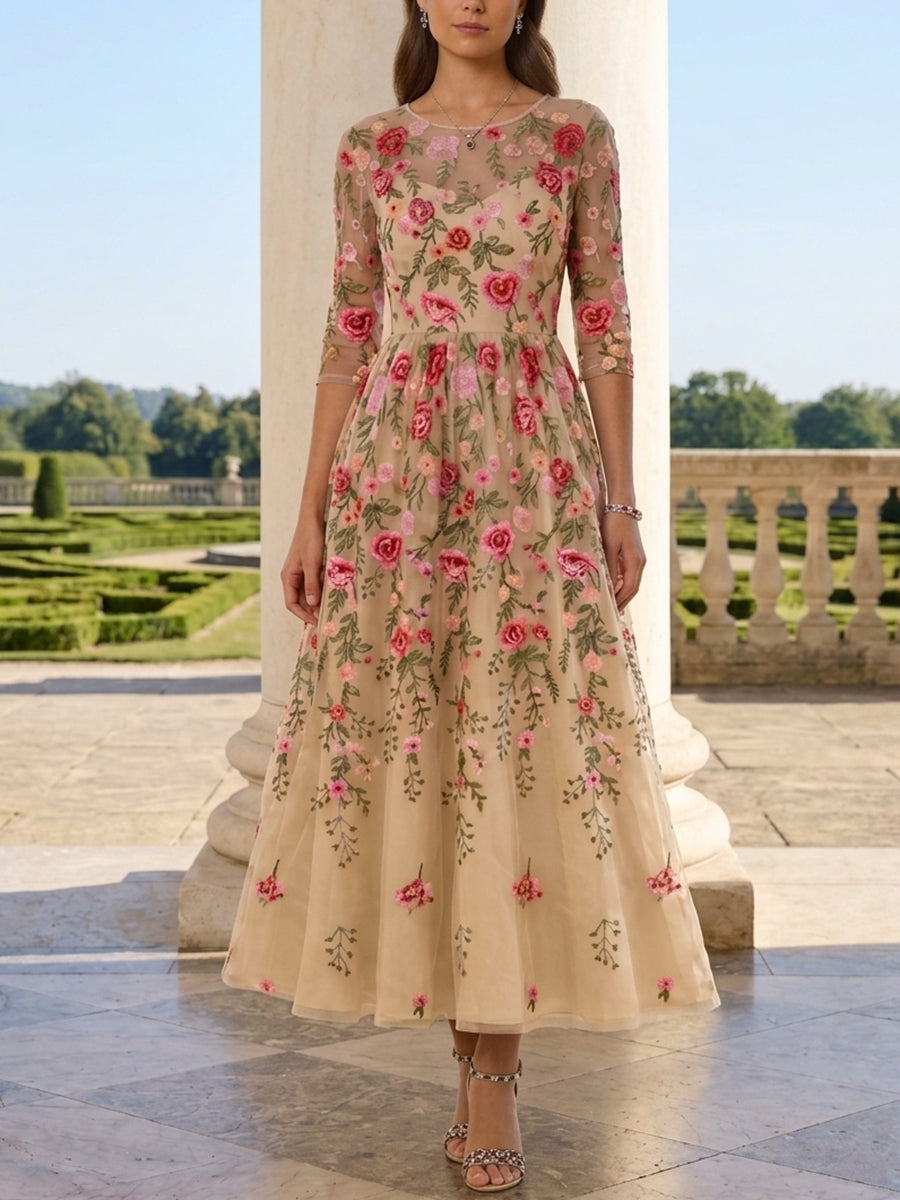 Robe Mère de la Mariée, Forme A-Ligne/Princesse, Col Rond, Dentelle, Broderie, Manches 3/4, Floral, Longueur du Thé