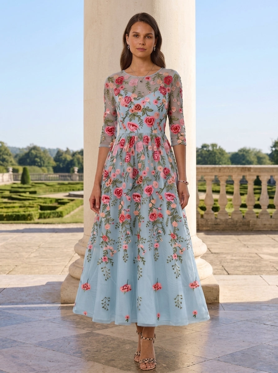 Robe Mère de la Mariée, Forme A-Ligne/Princesse, Col Rond, Dentelle, Broderie, Manches 3/4, Floral, Longueur du Thé
