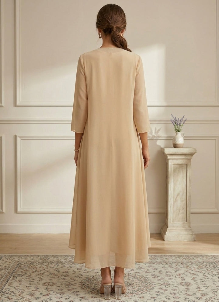 Robe Mère de la Mariée, Forme A-Ligne/Princesse, Col Rond, Mousseline, avec Veste, Dentelle, Floral, Manches 3/4, Longueur à la Cheville