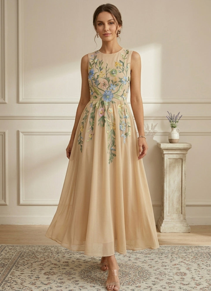 Robe Mère de la Mariée, Forme A-Ligne/Princesse, Col Rond, Mousseline, avec Veste, Dentelle, Floral, Manches 3/4, Longueur à la Cheville
