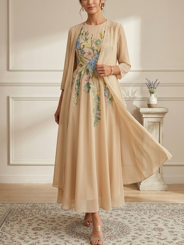 Robe Mère de la Mariée, Forme A-Ligne/Princesse, Col Rond, Mousseline, avec Veste, Dentelle, Floral, Manches 3/4, Longueur à la Cheville