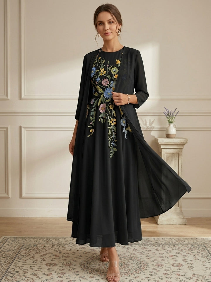 Robe Mère de la Mariée, Forme A-Ligne/Princesse, Col Rond, Mousseline, avec Veste, Dentelle, Floral, Manches 3/4, Longueur à la Cheville