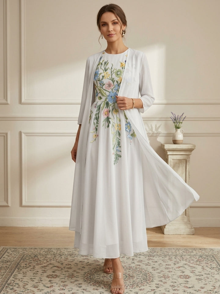 Robe Mère de la Mariée, Forme A-Ligne/Princesse, Col Rond, Mousseline, avec Veste, Dentelle, Floral, Manches 3/4, Longueur à la Cheville