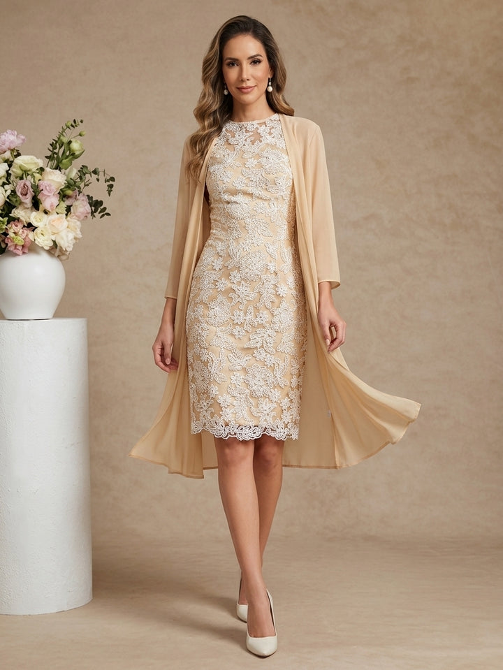 Robe Mère de la Mariée, Forme Droite/Colonne, Col Rond, Mousseline, avec Veste, Dentelle, Floral, Manches 3/4, Longueur Genou