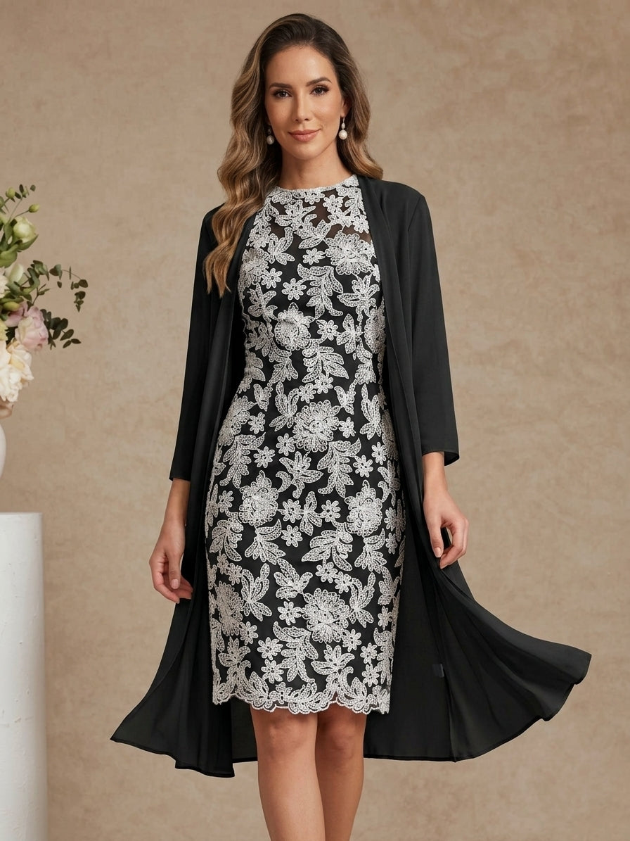 Robe Mère de la Mariée, Forme Droite/Colonne, Col Rond, Mousseline, avec Veste, Dentelle, Floral, Manches 3/4, Longueur Genou