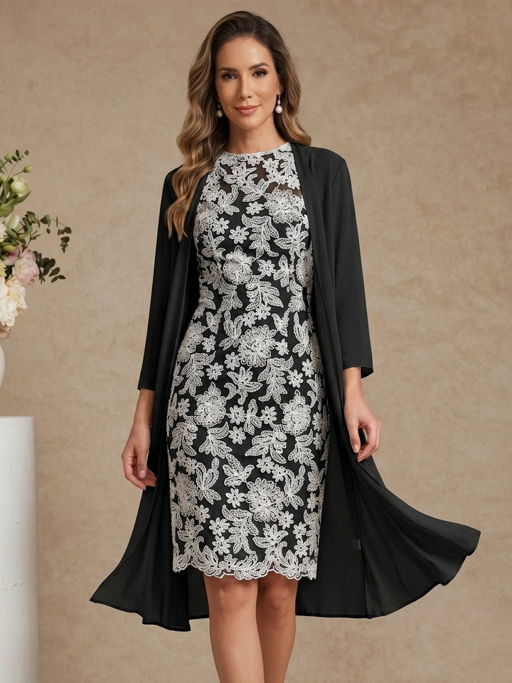 Robe Mère de la Mariée, Forme Droite/Colonne, Col Rond, Mousseline, avec Veste, Dentelle, Floral, Manches 3/4, Longueur Genou