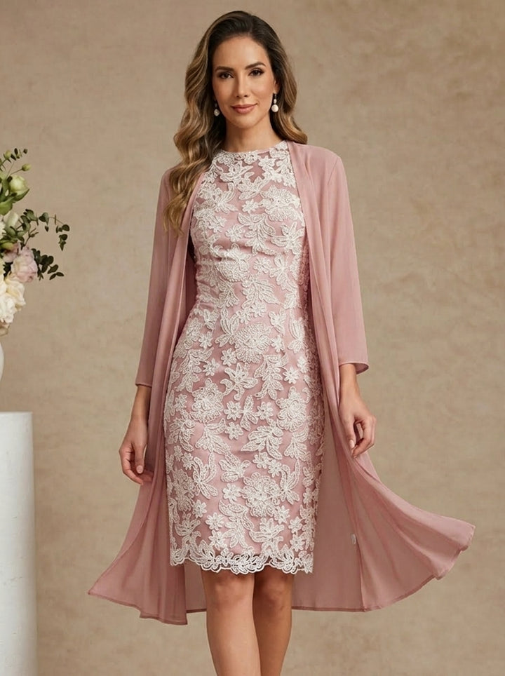 Robe Mère de la Mariée, Forme Droite/Colonne, Col Rond, Mousseline, avec Veste, Dentelle, Floral, Manches 3/4, Longueur Genou
