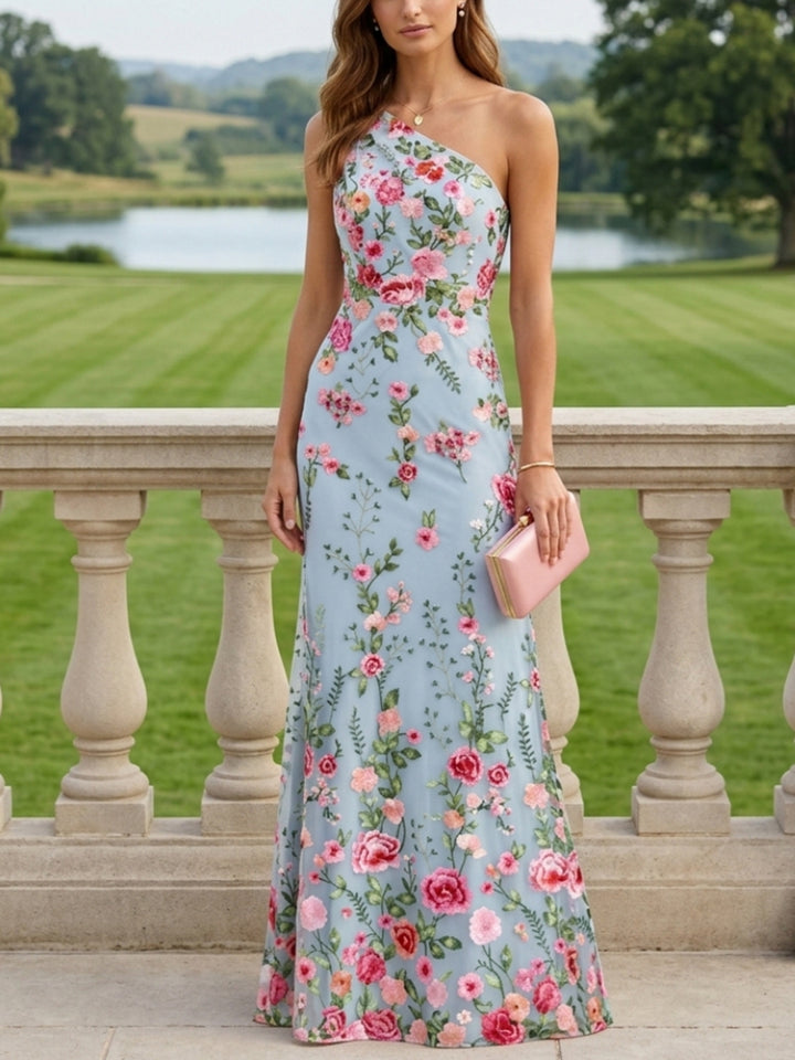 Robe Mère de la Mariée, Forme Droite/Colonne, Épaule Unique, Dentelle, Broderie, Sans Manches, Floral, Longueur au Sol