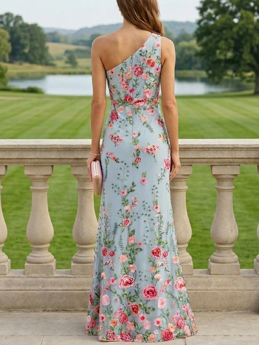 Robe Mère de la Mariée, Forme Droite/Colonne, Épaule Unique, Dentelle, Broderie, Sans Manches, Floral, Longueur au Sol
