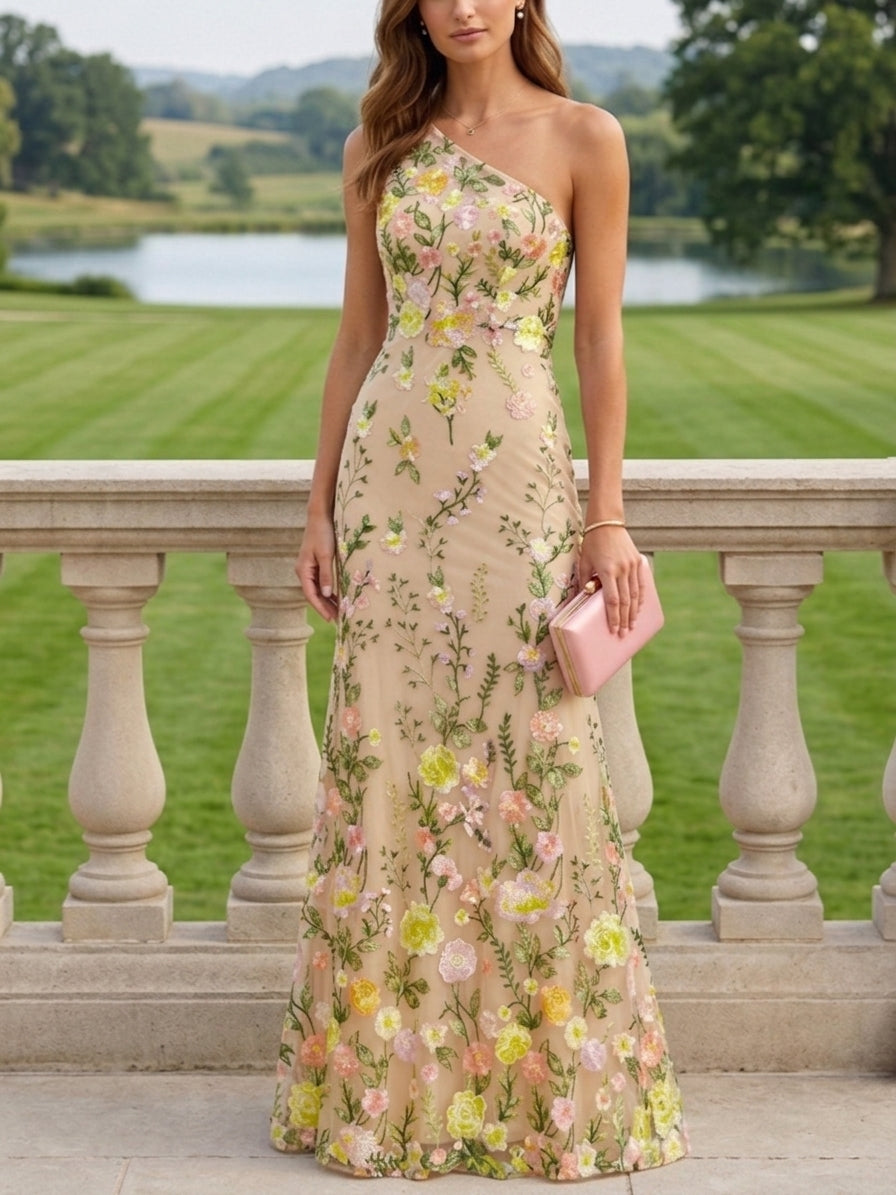 Robe Mère de la Mariée, Forme Droite/Colonne, Épaule Unique, Dentelle, Broderie, Sans Manches, Floral, Longueur au Sol