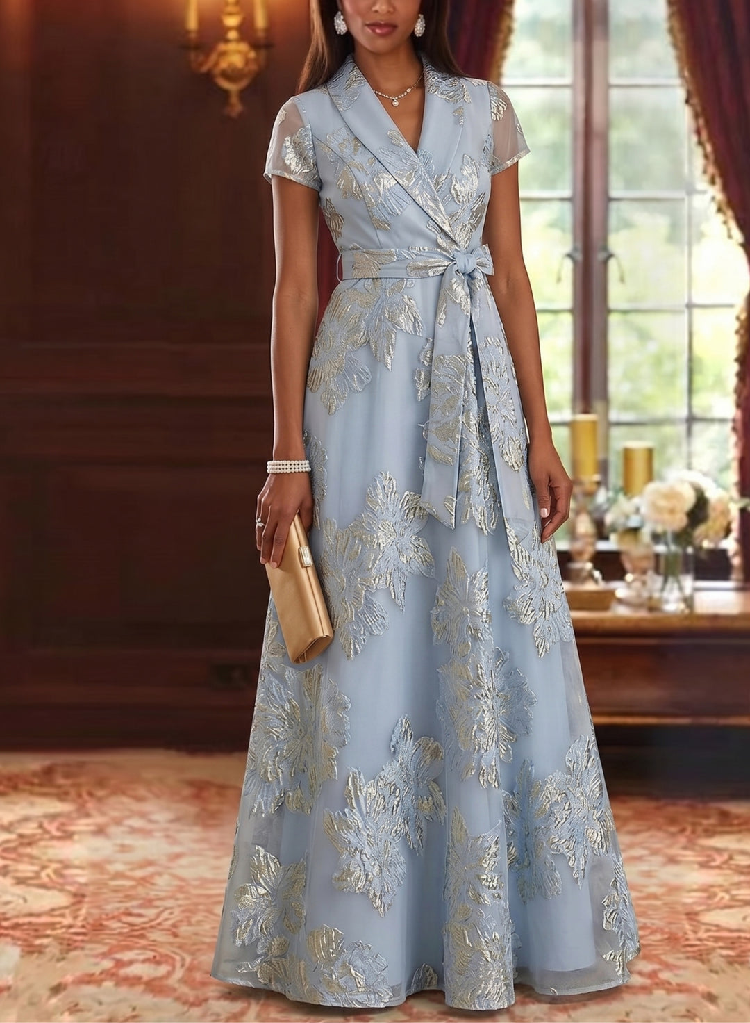 Robe Mère de la Mariée, Forme A-Ligne/Princesse, Col en V, Jacquard, Manches Courtes, Floral, Longueur au Sol, Ceinture à Nœud
