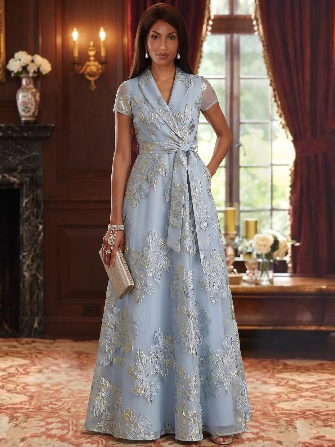 Robe Mère de la Mariée, Forme A-Ligne/Princesse, Col en V, Jacquard, Manches Courtes, Floral, Longueur au Sol, Ceinture à Nœud